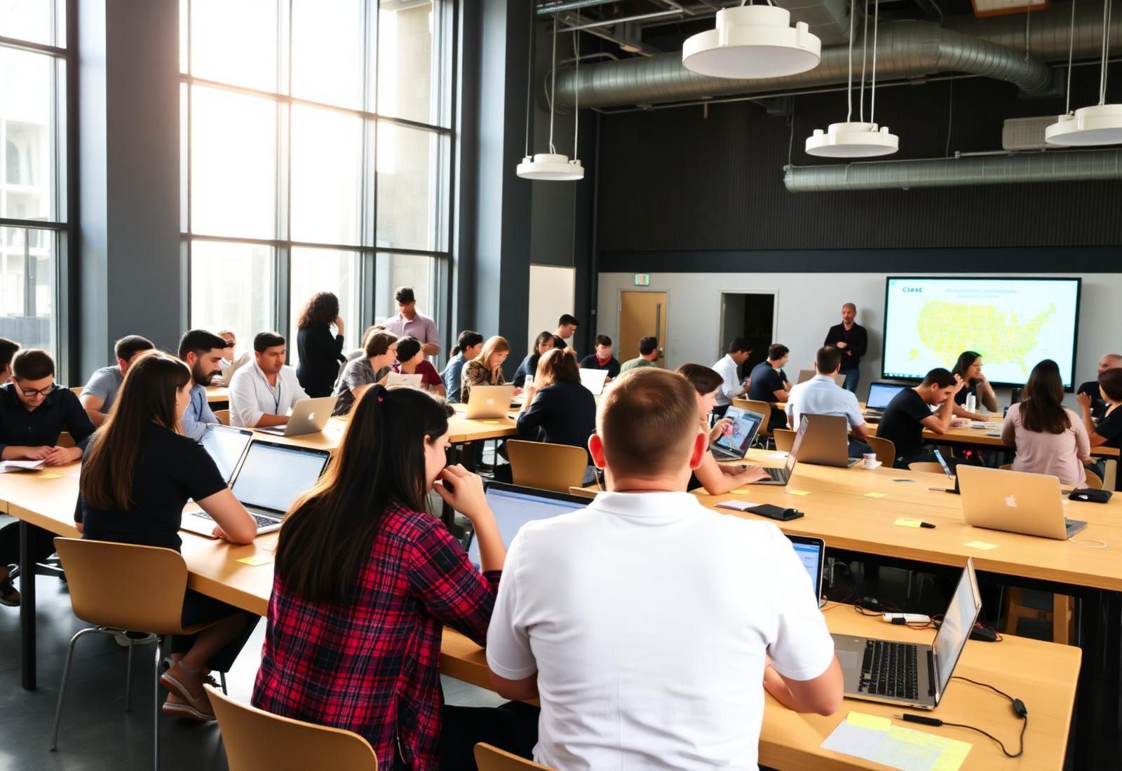 Teams collaborating on laptops during the AI hack sprint at the Microsoft campus