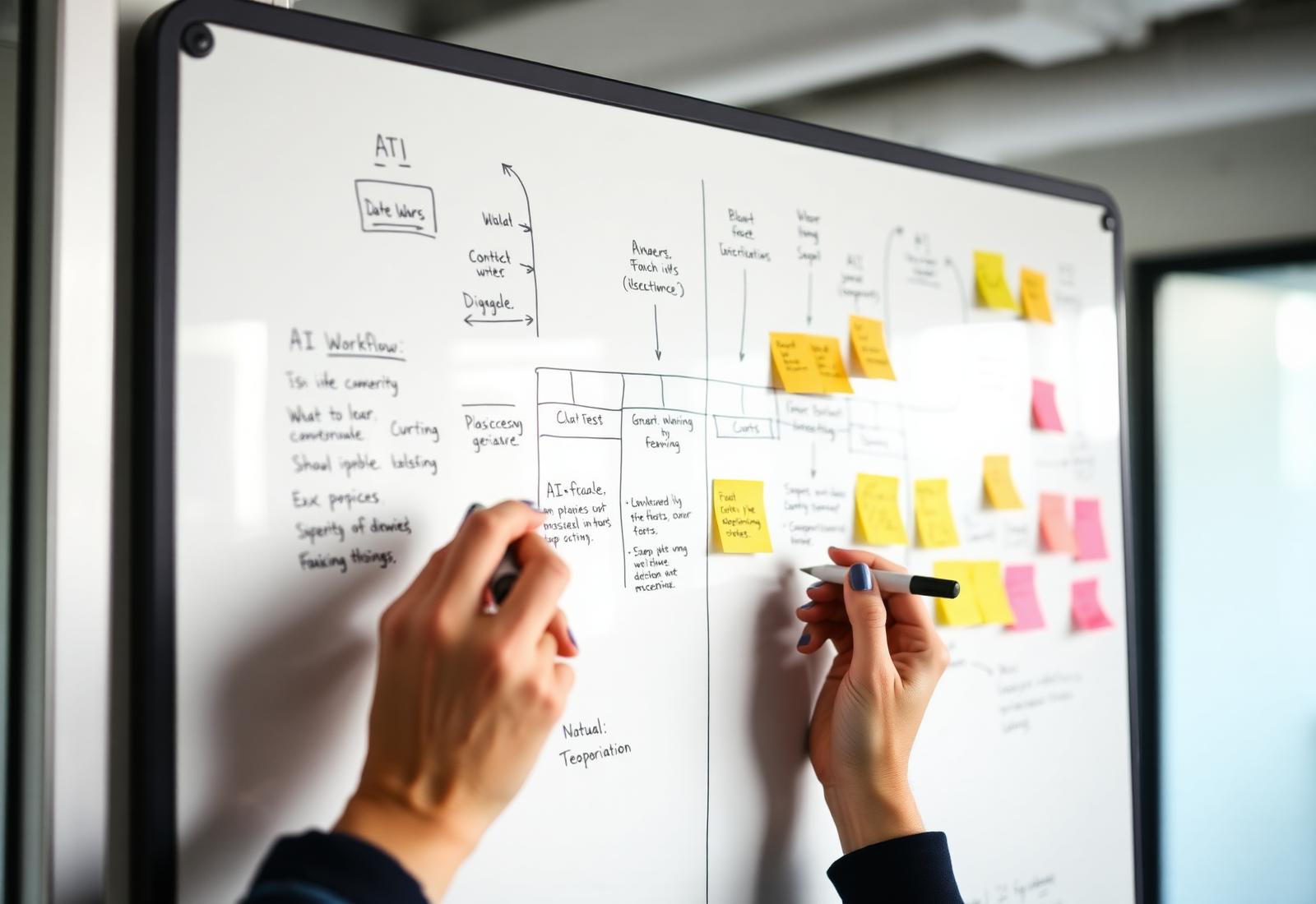 Whiteboard covered in AI workflow diagrams and sticky notes